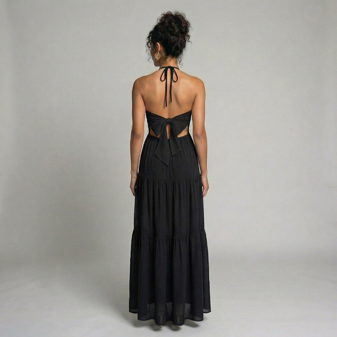 Delphine | Women’s Halter Tiered Maxi Dress with Tie-Back