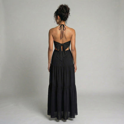 Delphine | Women’s Halter Tiered Maxi Dress with Tie-Back