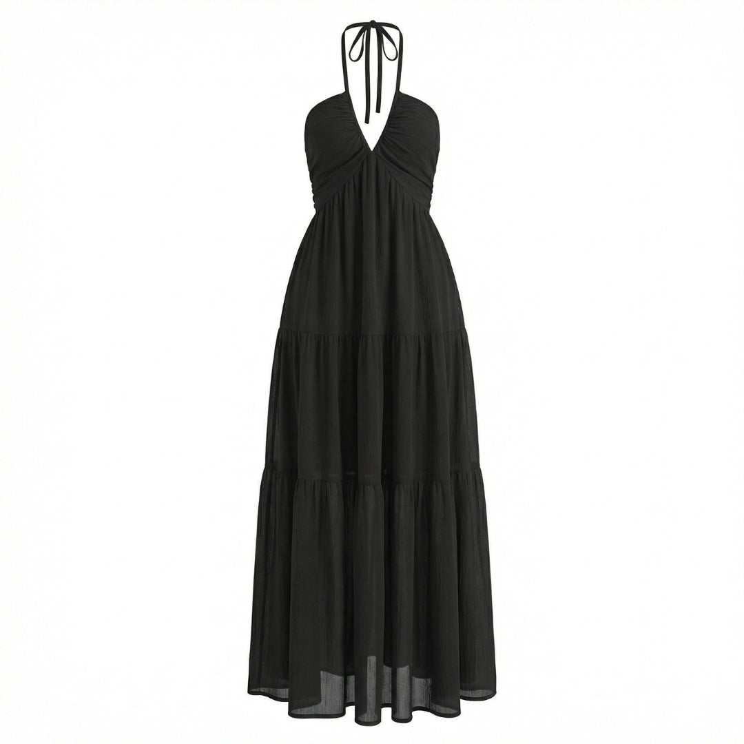 Delphine | Women’s Halter Tiered Maxi Dress with Tie-Back