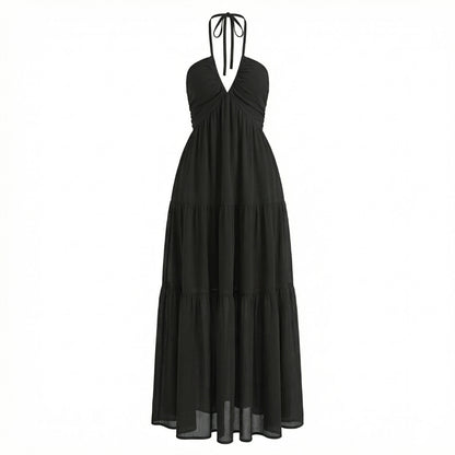 Delphine | Women’s Halter Tiered Maxi Dress with Tie-Back