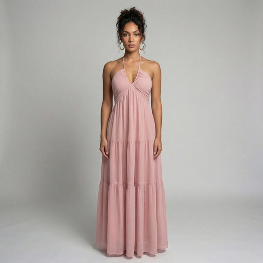 Delphine | Women’s Halter Tiered Maxi Dress with Tie-Back