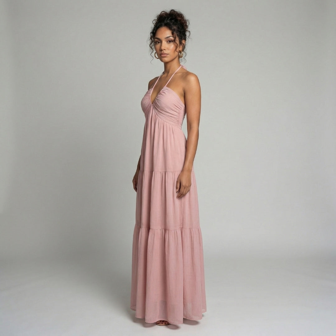 Delphine | Women’s Halter Tiered Maxi Dress with Tie-Back