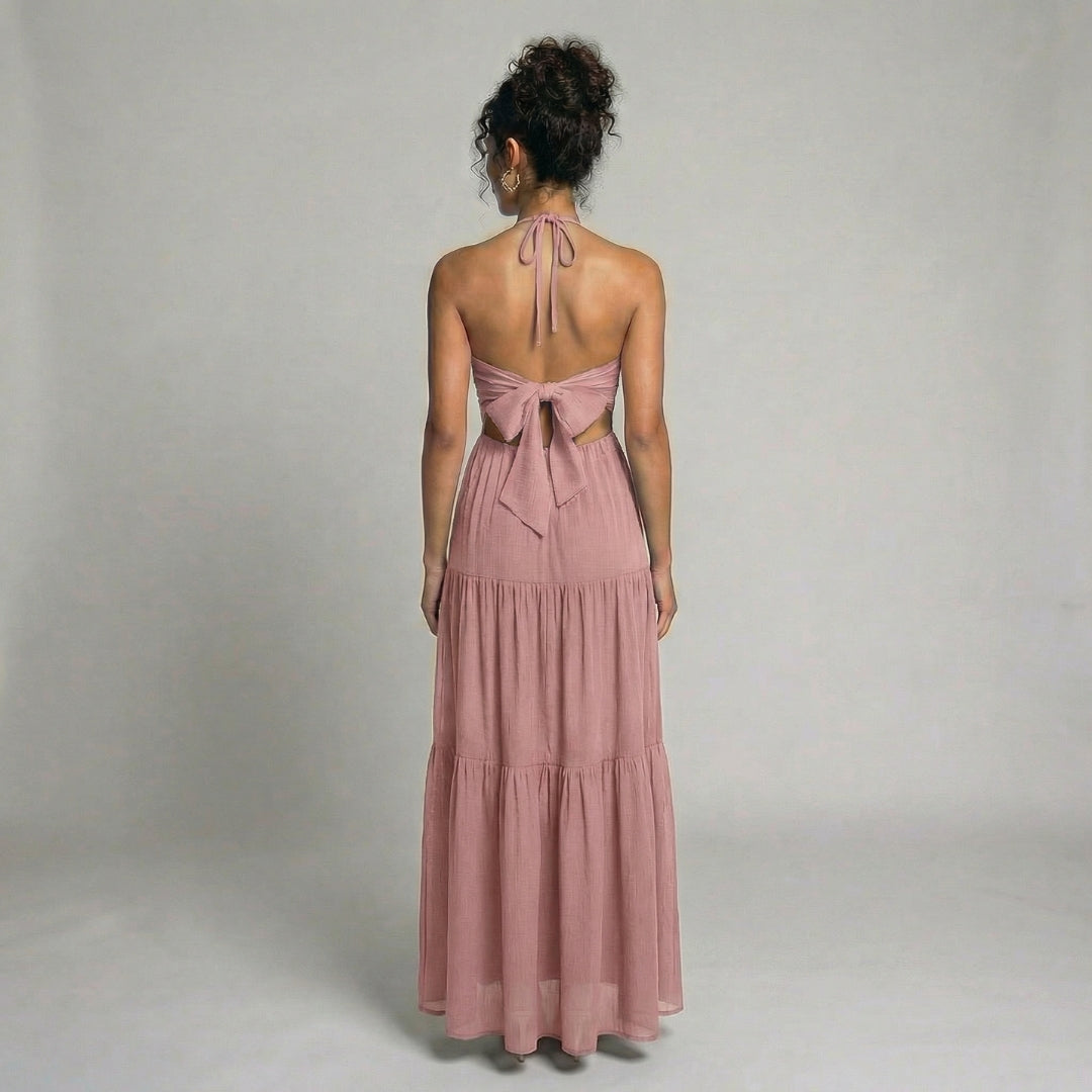 Delphine | Women’s Halter Tiered Maxi Dress with Tie-Back