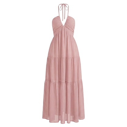 Delphine | Women’s Halter Tiered Maxi Dress with Tie-Back