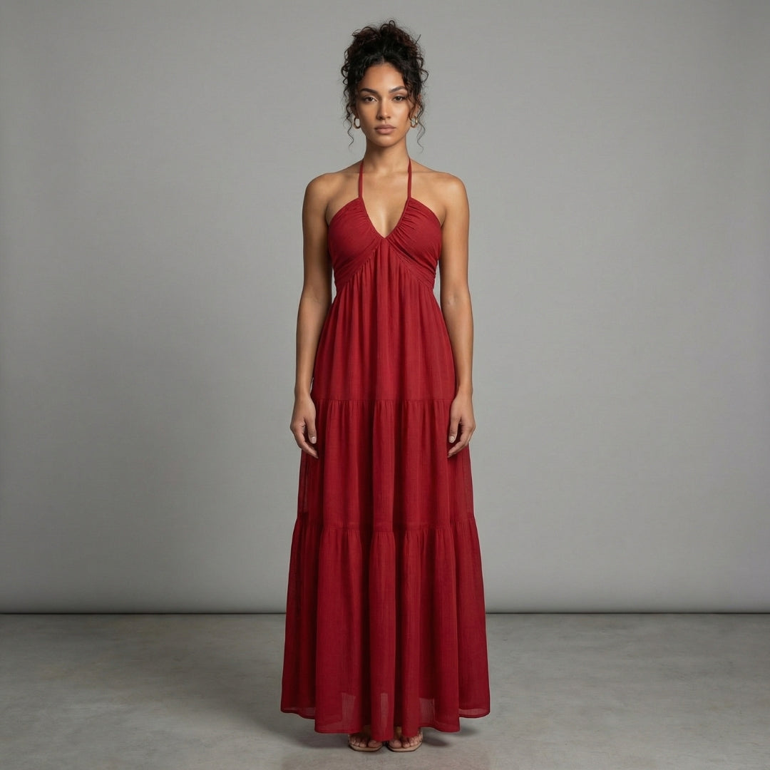 Delphine | Women’s Halter Tiered Maxi Dress with Tie-Back