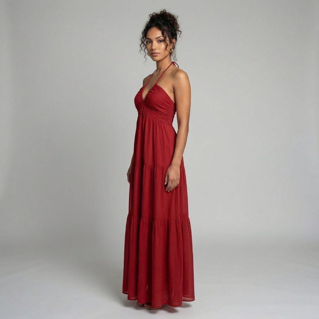 Delphine | Women’s Halter Tiered Maxi Dress with Tie-Back