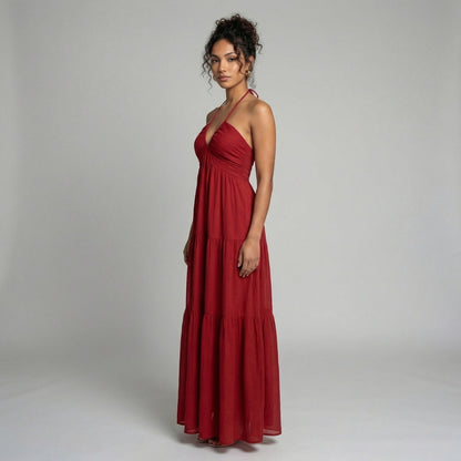 Delphine | Women’s Halter Tiered Maxi Dress with Tie-Back