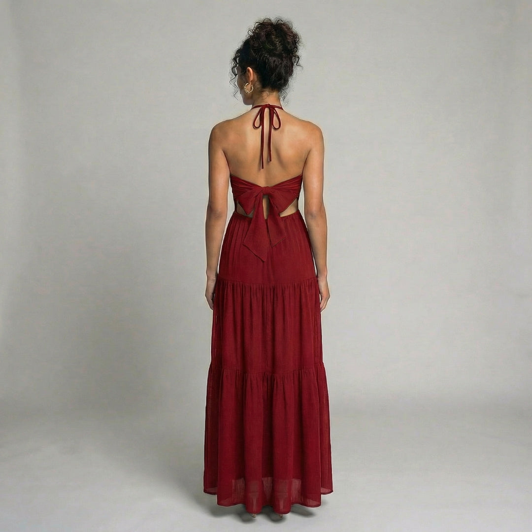 Delphine | Women’s Halter Tiered Maxi Dress with Tie-Back