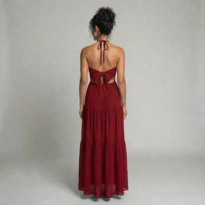 Delphine | Women’s Halter Tiered Maxi Dress with Tie-Back
