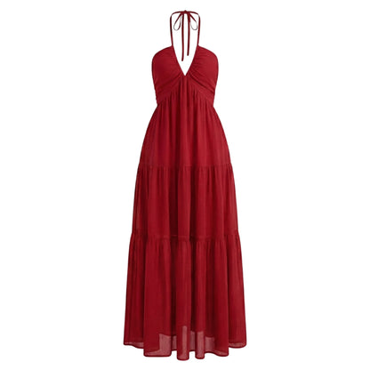 Delphine | Women’s Halter Tiered Maxi Dress with Tie-Back