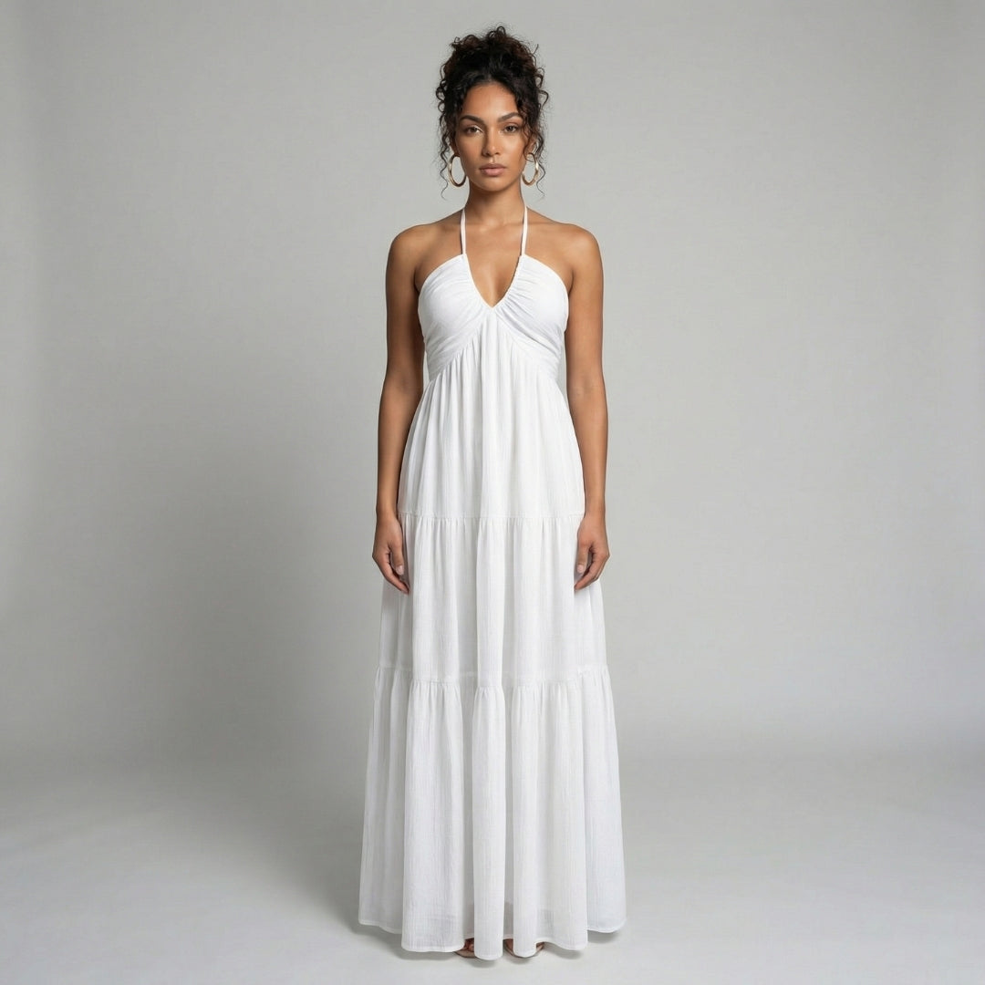 Delphine | Women’s Halter Tiered Maxi Dress with Tie-Back