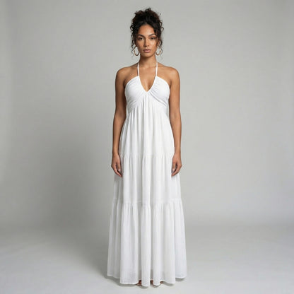 Delphine | Women’s Halter Tiered Maxi Dress with Tie-Back