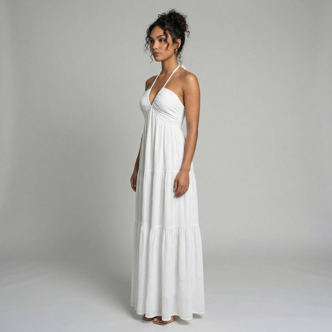 Delphine | Women’s Halter Tiered Maxi Dress with Tie-Back