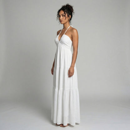 Delphine | Women’s Halter Tiered Maxi Dress with Tie-Back