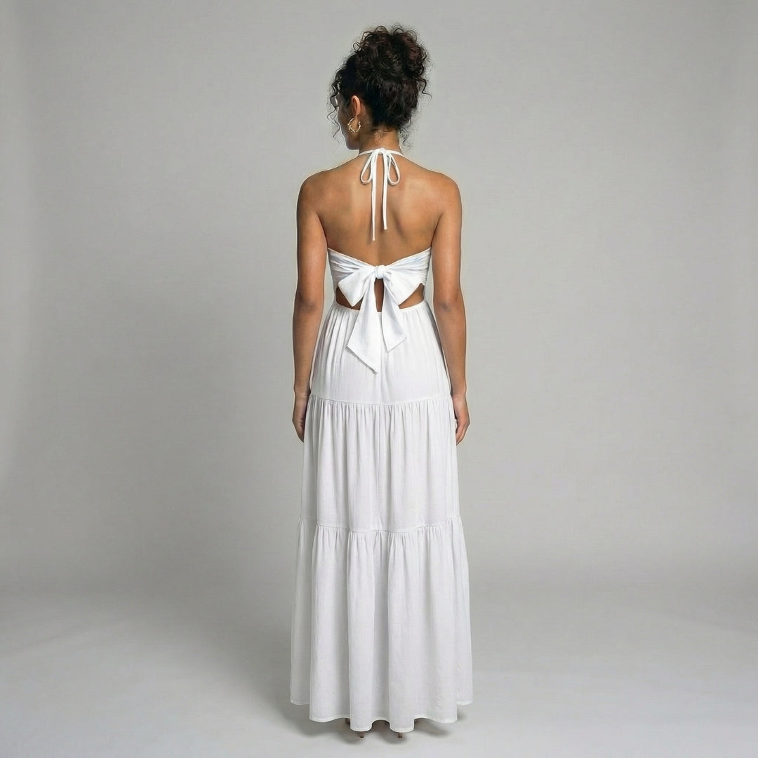 Delphine | Women’s Halter Tiered Maxi Dress with Tie-Back