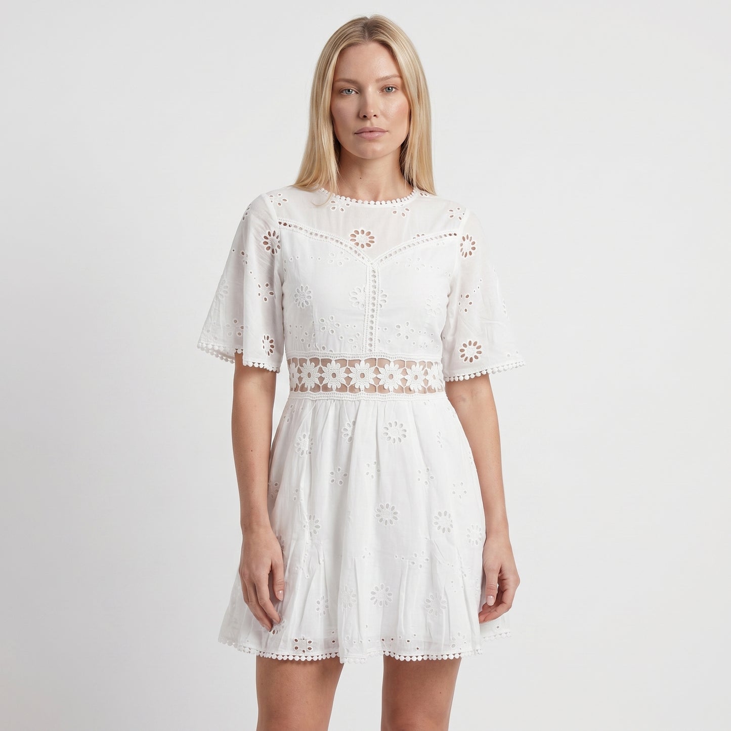 Demi Women's Mini Dress Eyelet Cutout Waist, Flared Sleeve