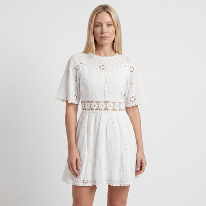 Demi Women's Mini Dress Eyelet Cutout Waist, Flared Sleeve