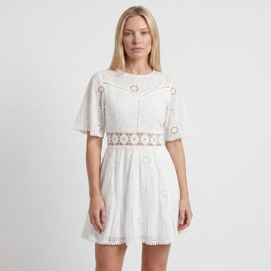 Demi Women's Mini Dress Eyelet Cutout Waist, Flared Sleeve