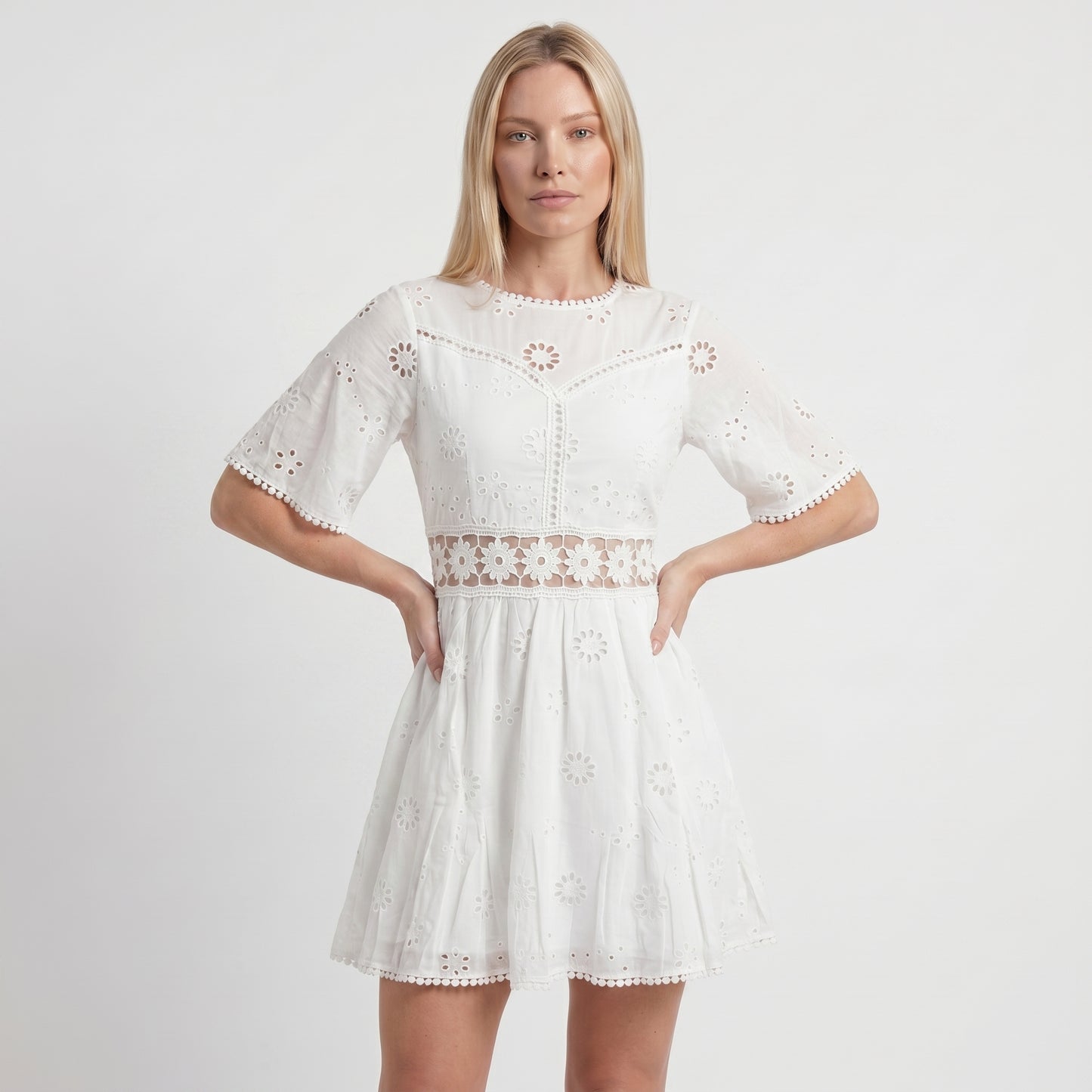 Demi Women's Mini Dress Eyelet Cutout Waist, Flared Sleeve