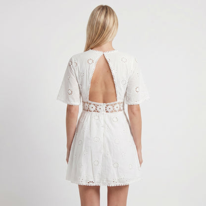 Demi Women's Mini Dress Eyelet Cutout Waist, Flared Sleeve