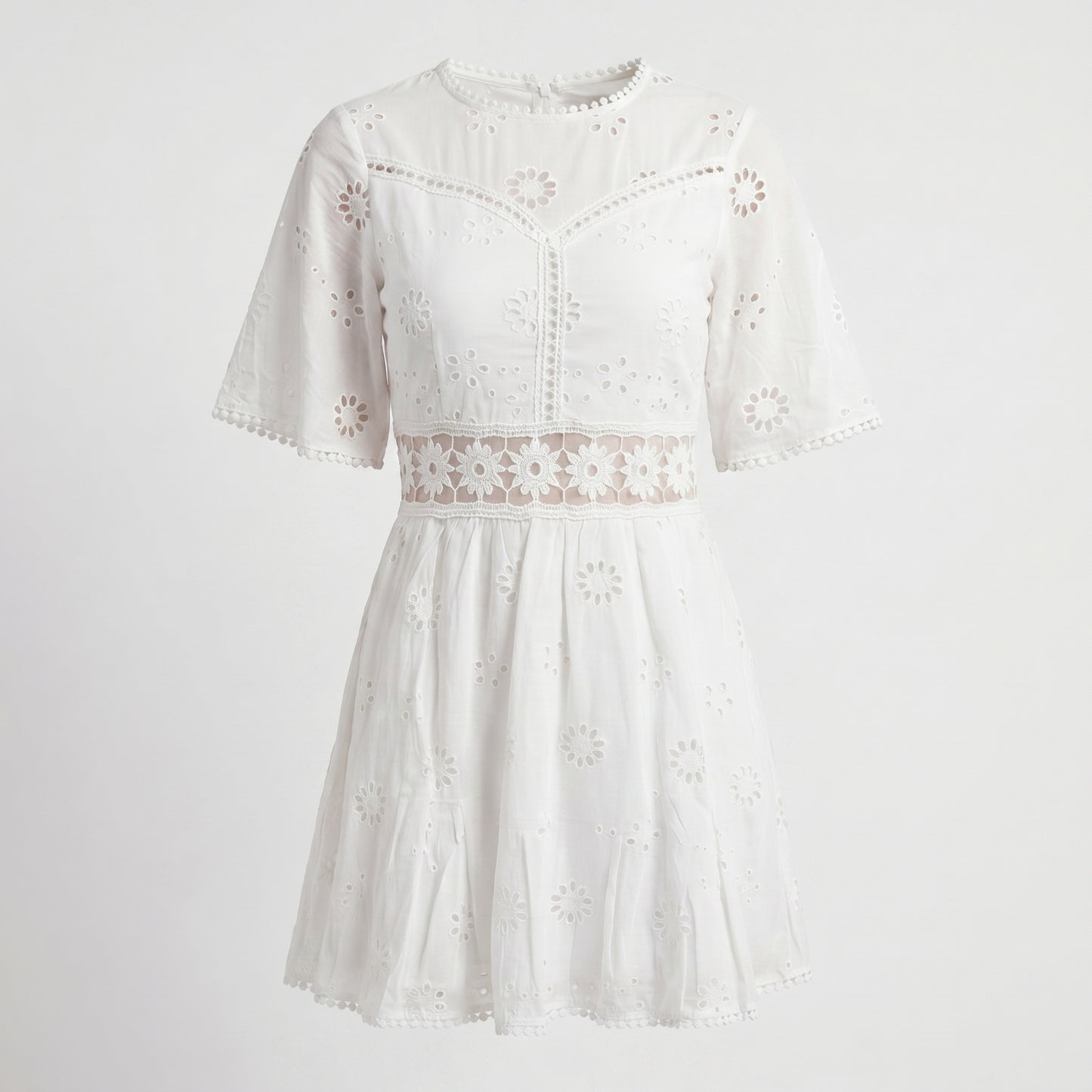 Demi Women's Mini Dress Eyelet Cutout Waist, Flared Sleeve