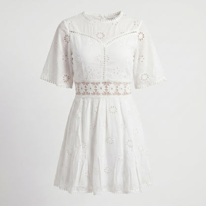Demi Women's Mini Dress Eyelet Cutout Waist, Flared Sleeve