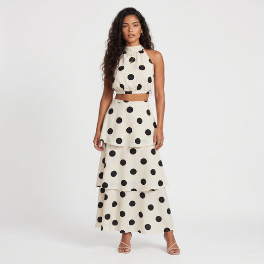 Dotti Women's Two-Piece Set Polka Dot Halter Top, Tiered Skirt