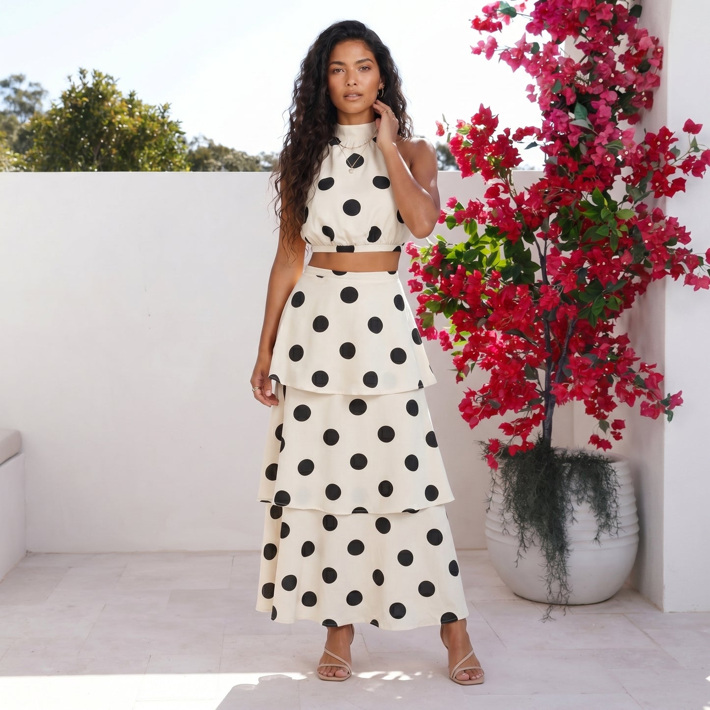 Dotti Women's Two-Piece Set Polka Dot Halter Top, Tiered Skirt