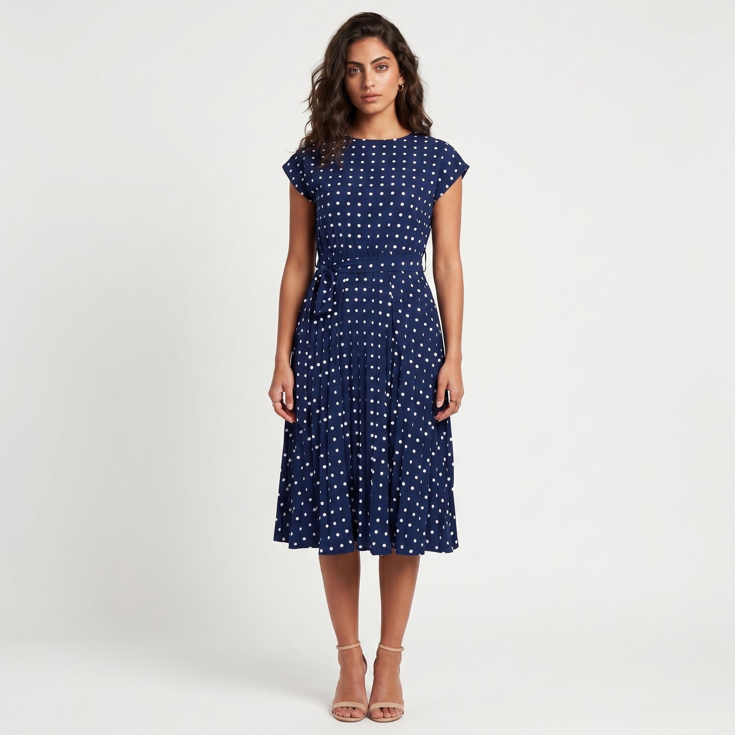 Dotty Women's Midi Dress Polka Dot Pleated, Short Sleeve