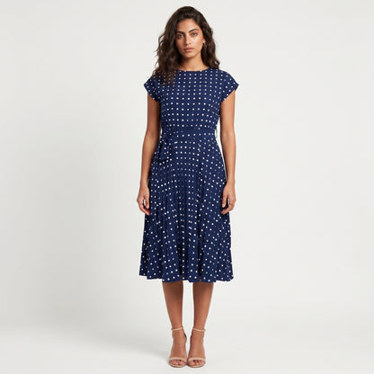 Dotty Women's Midi Dress Polka Dot Pleated, Short Sleeve