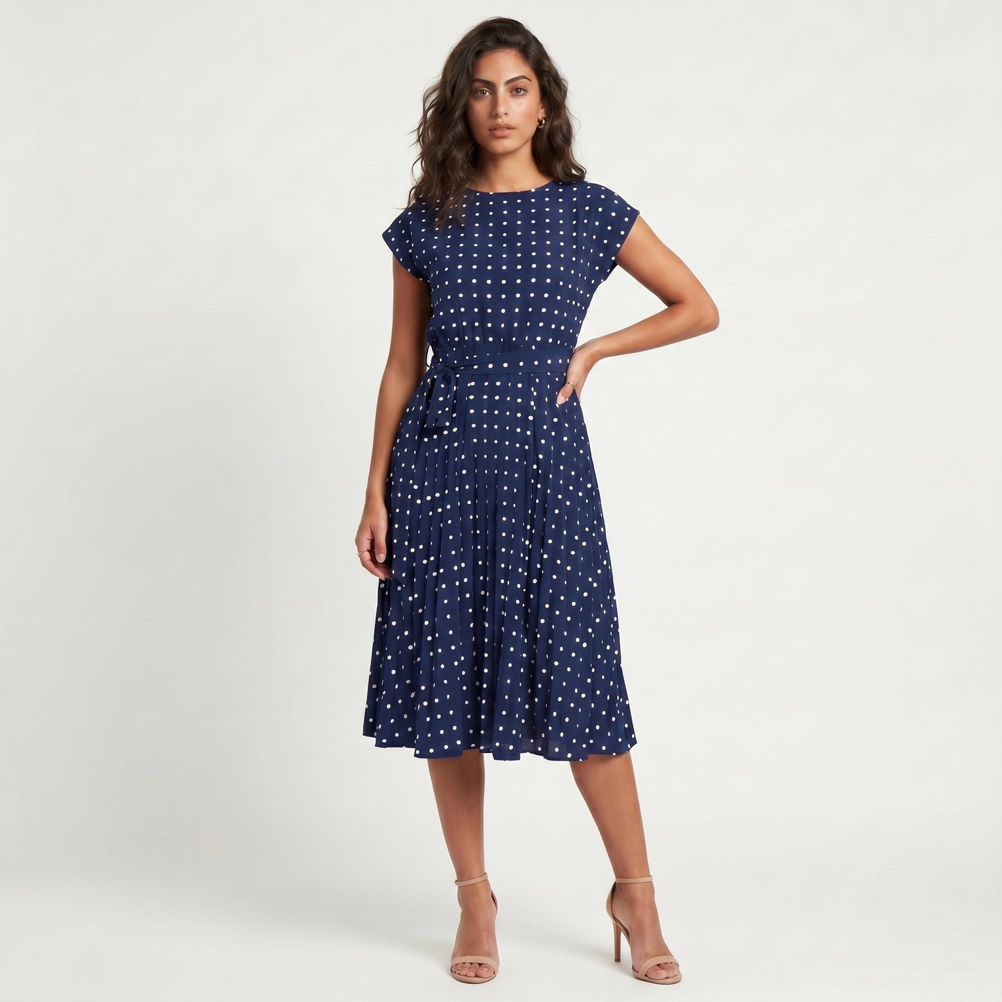 Dotty Women's Midi Dress Polka Dot Pleated, Short Sleeve