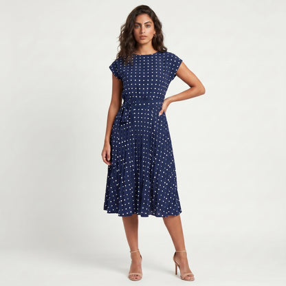 Dotty Women's Midi Dress Polka Dot Pleated, Short Sleeve
