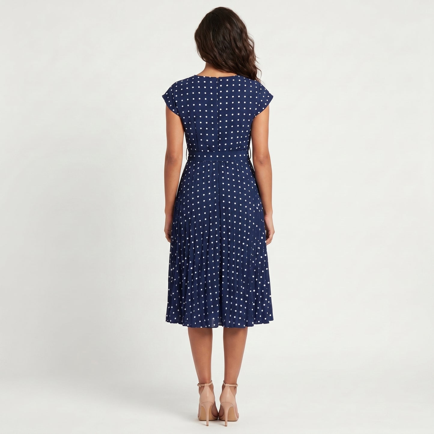 Dotty Women's Midi Dress Polka Dot Pleated, Short Sleeve