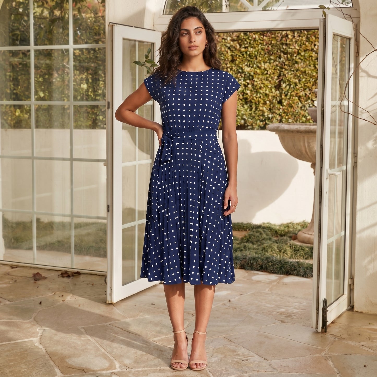 Dotty Women's Midi Dress Polka Dot Pleated, Short Sleeve