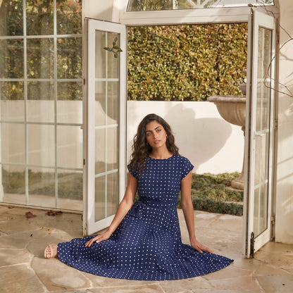 Dotty Women's Midi Dress Polka Dot Pleated, Short Sleeve