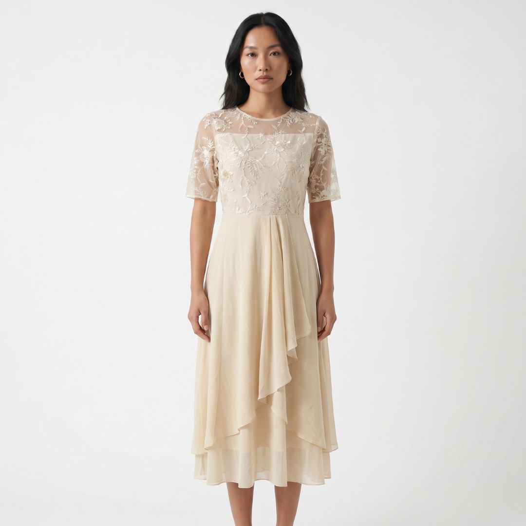 Éliane Women’s Embroidered Sheer Overlay Midi Dress