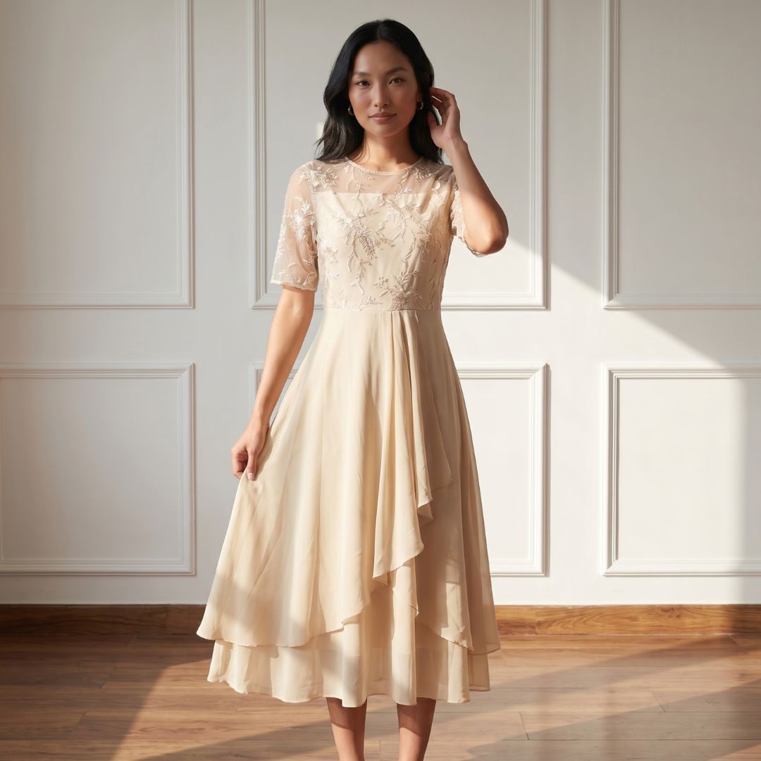 Éliane Women’s Embroidered Sheer Overlay Midi Dress