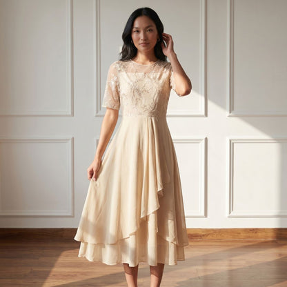 Éliane Women’s Embroidered Sheer Overlay Midi Dress