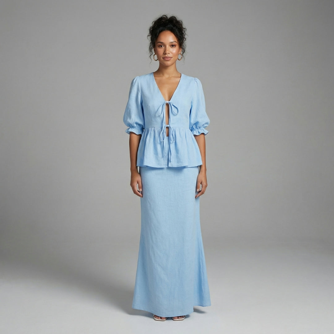 Éliane Women’s Puff-Sleeve Blouse and Midi Skirt Set