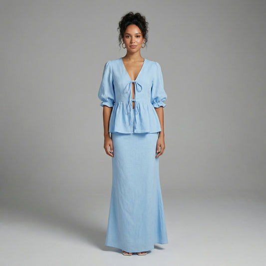 Éliane Women’s Puff-Sleeve Blouse and Midi Skirt Set