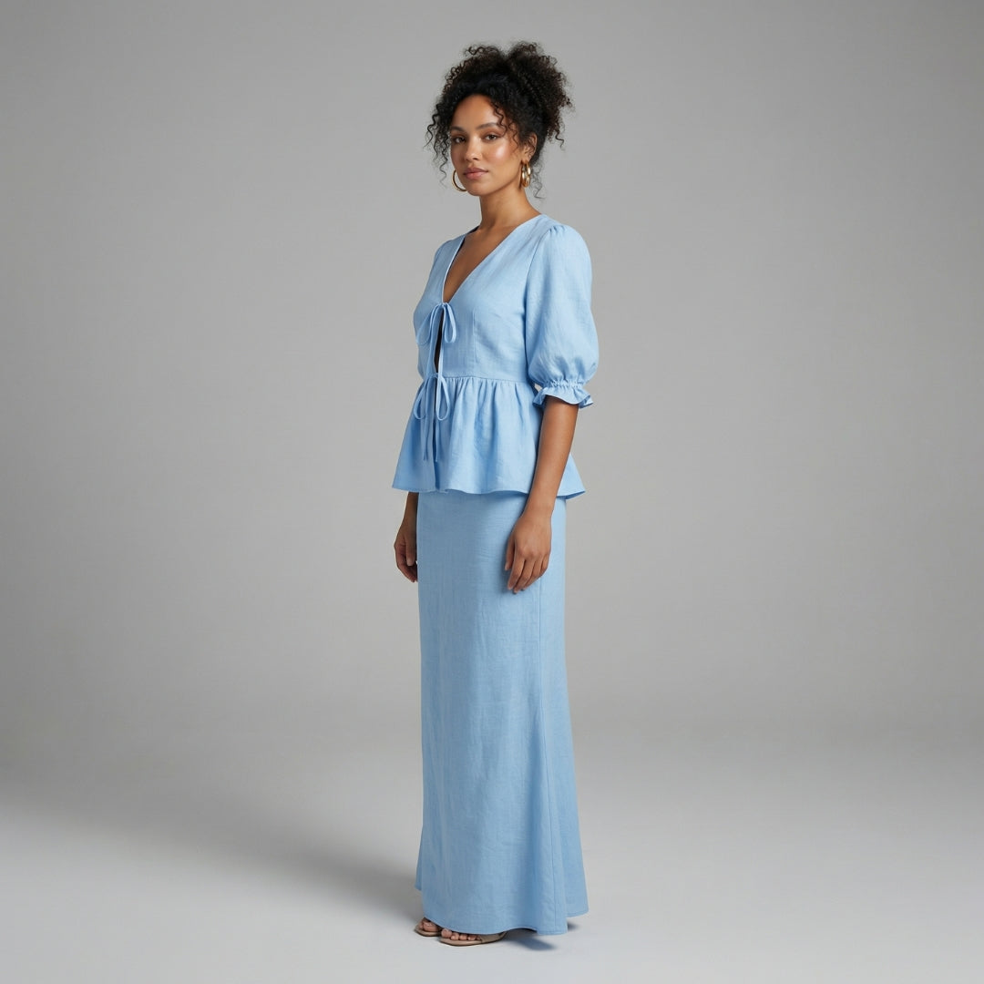 Éliane Women’s Puff-Sleeve Blouse and Midi Skirt Set