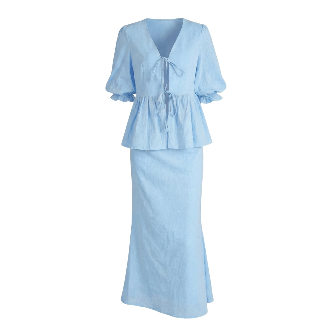 Éliane Women’s Puff-Sleeve Blouse and Midi Skirt Set