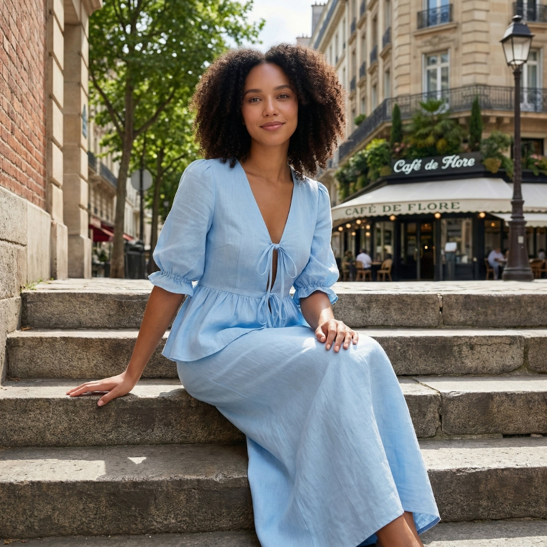 Éliane Women’s Puff-Sleeve Blouse and Midi Skirt Set