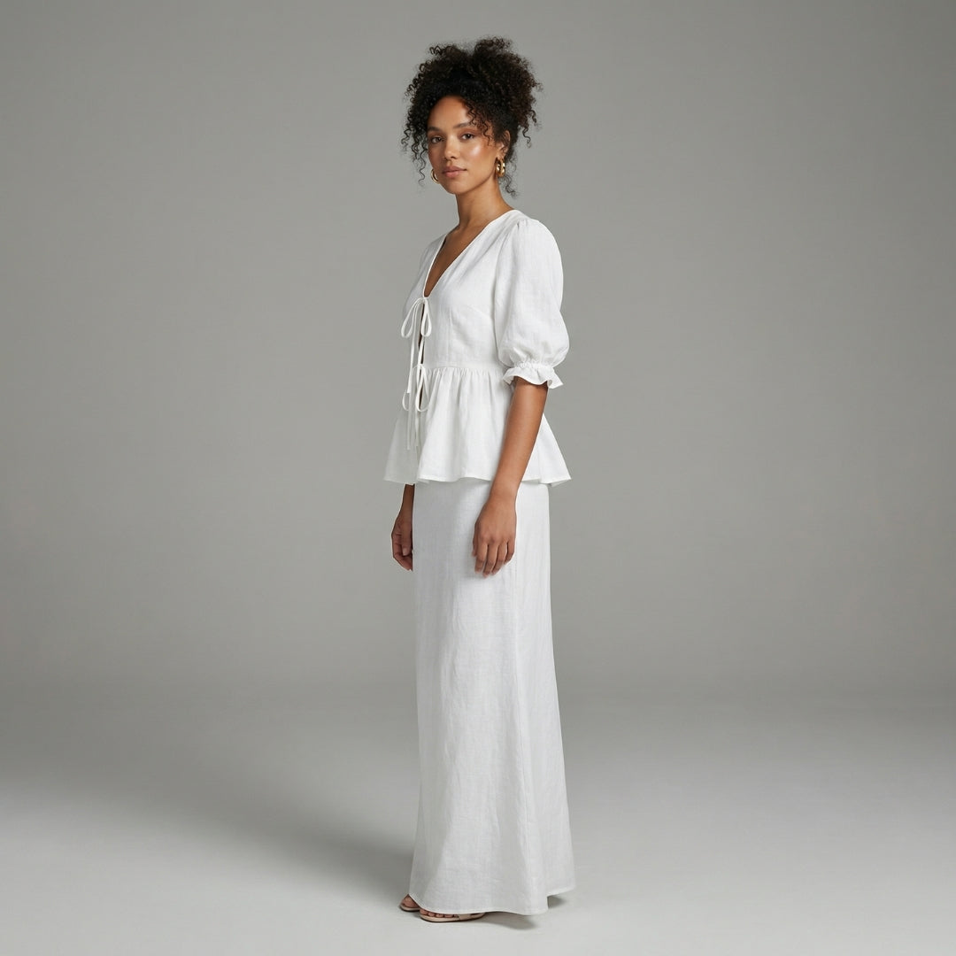 Éliane Women’s Puff-Sleeve Blouse and Midi Skirt Set