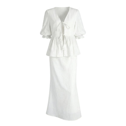 Éliane Women’s Puff-Sleeve Blouse and Midi Skirt Set