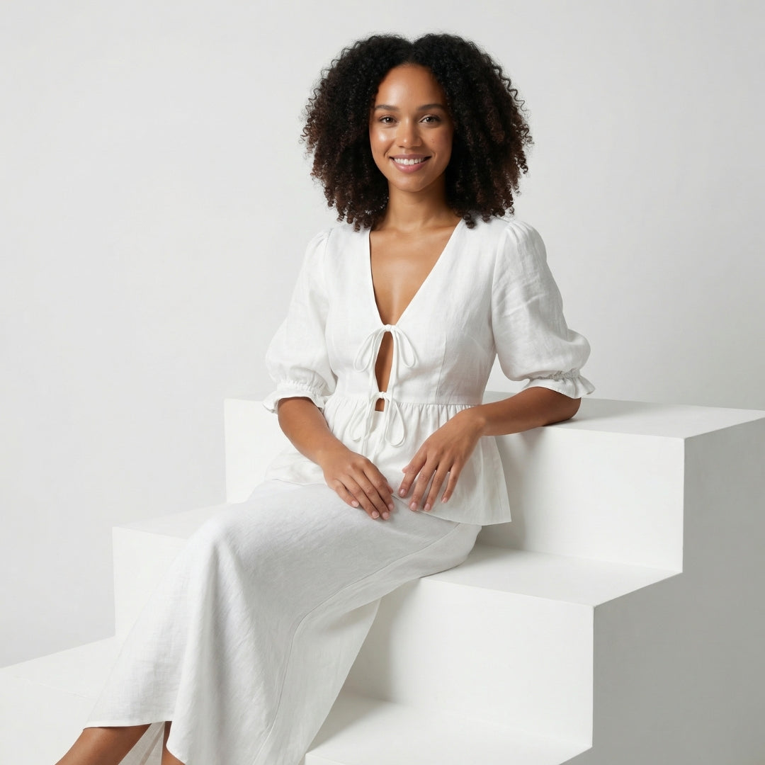 Éliane Women’s Puff-Sleeve Blouse and Midi Skirt Set