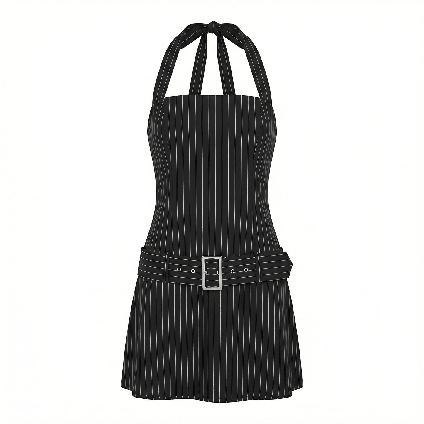 Elise Women's Pinstripe Halter Mini Dress, Open Back Belted Bodycon