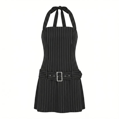 Elise Women's Pinstripe Halter Mini Dress, Open Back Belted Bodycon
