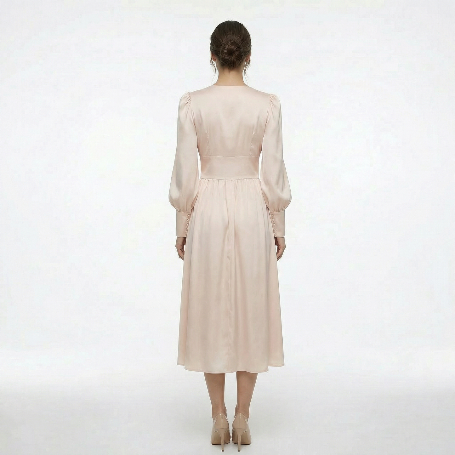 Élodie | Women’s Satin Puff-Sleeve Midi Dress with Buttons