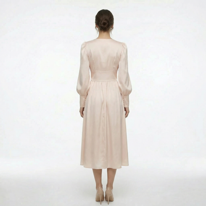 Élodie | Women’s Satin Puff-Sleeve Midi Dress with Buttons